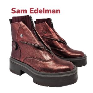 Sam Edelman Linds Bordeaux Metallic Crackle Leather & fabric Ankle Boots sz 7.5